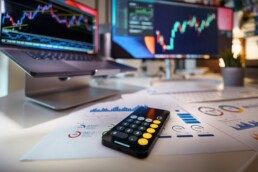 Two computer monitors and a stack of charts on a desk that display volatile market indicators